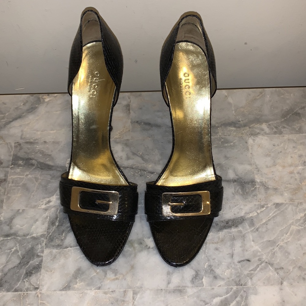 Gucci Gold Buckle Snakeskin Heels